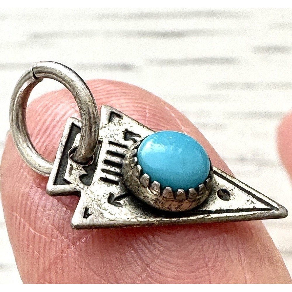 Tiny Navajo Arrowhead Turquoise Pendant Harvey Era Sterling Charm Native VTG